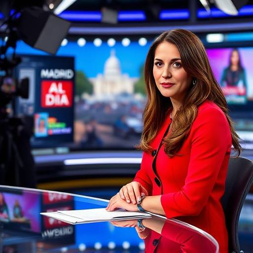 Presentadora de noticias, Elena Ramírez, en el plató durante la emisión en directo de 'Madrid al Día'