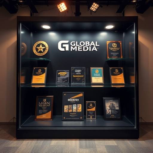 Vitrina con los premios recibidos por Estudios Global Media